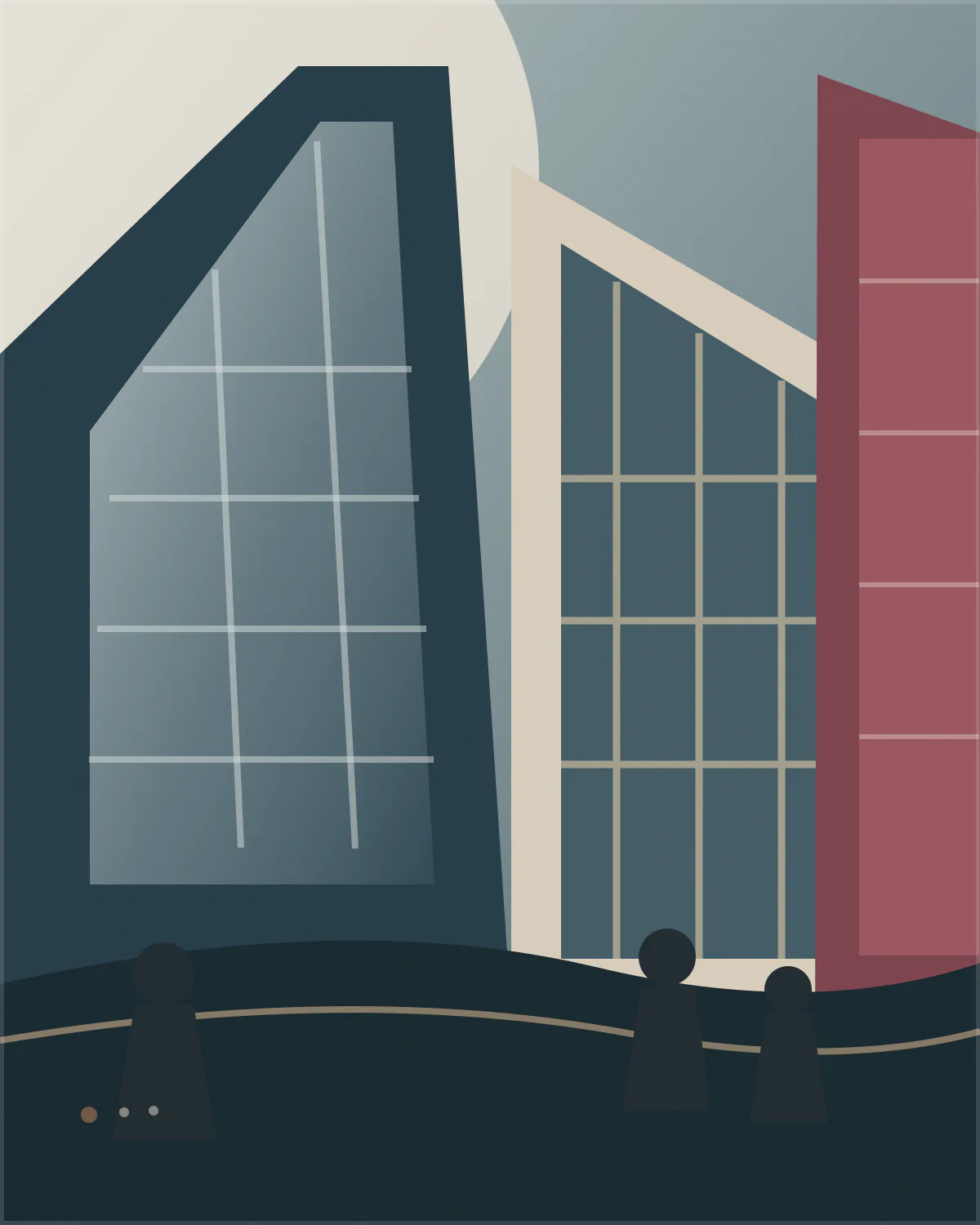 Façades géométriques bleu nuit, crème et bordeaux, avec trois silhouettes au premier plan.